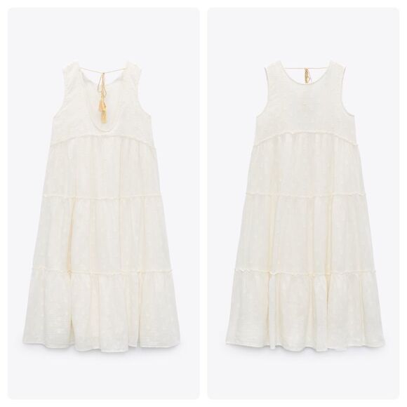 Zara Long Embroidered Dress New Ecru - Picture 4 of 5